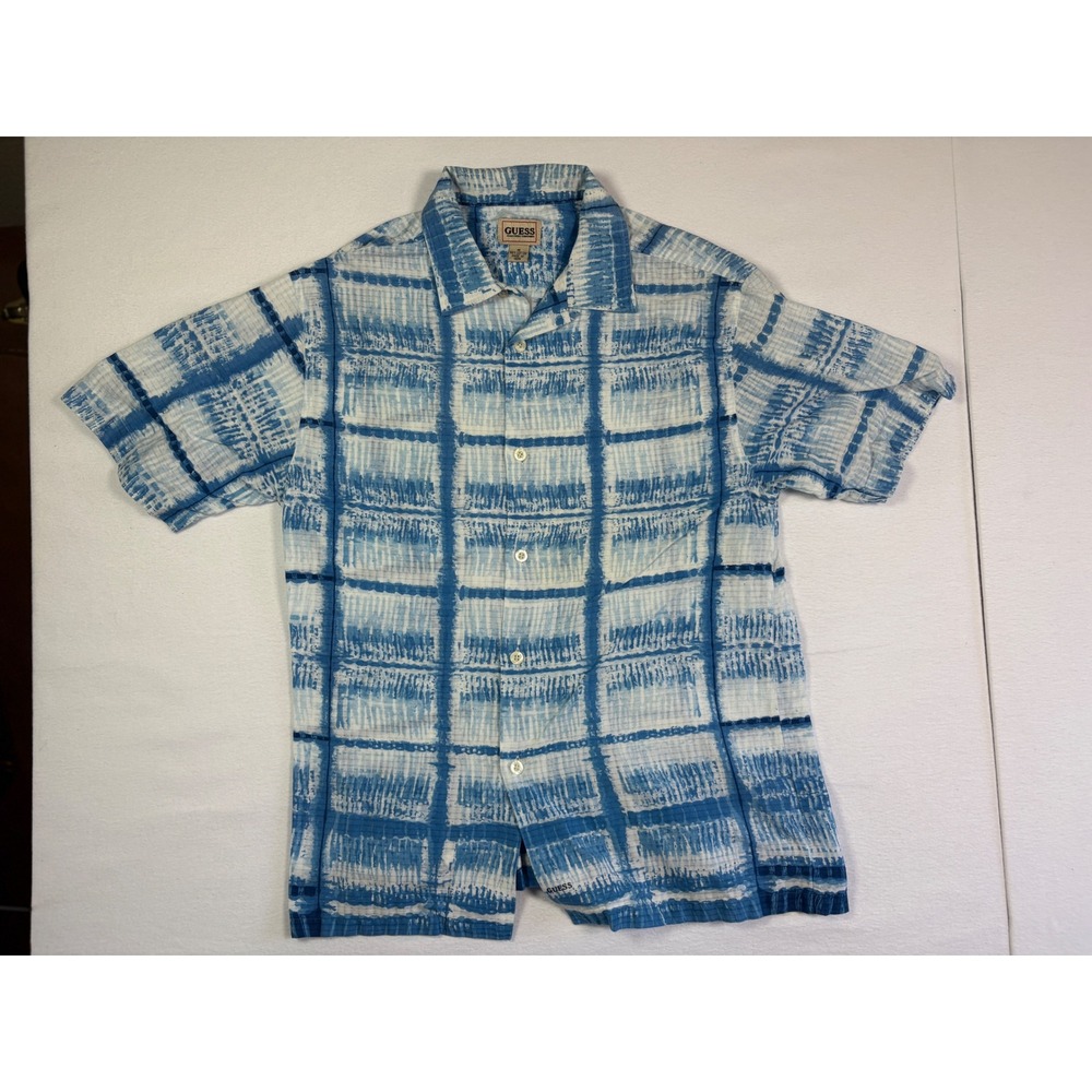 Guess Mens Blue White Tie Dye Plaid Short Sleeve Button Up Cotton Shirt Size‎ M